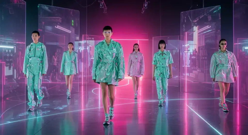 Futuristic runway showcasing Spring 2026 fashion trends for US retailers.
