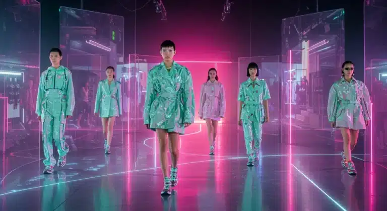 Futuristic runway showcasing Spring 2026 fashion trends for US retailers.