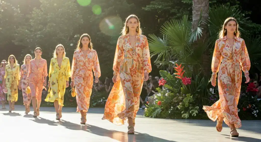 Models on a runway presenting new summer fashion collection with bright colors and light fabrics.