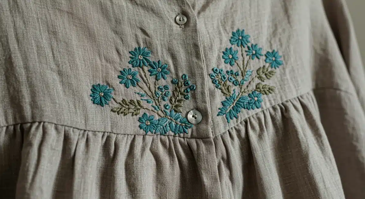 Detailed view of sustainable linen dress with intricate embroidery from a new collection.