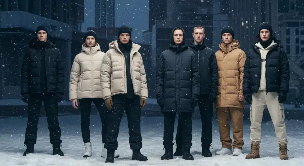 Models displaying stylish and warm winter 2026 outerwear in a snowy city scene.