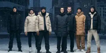 Models displaying stylish and warm winter 2026 outerwear in a snowy city scene.