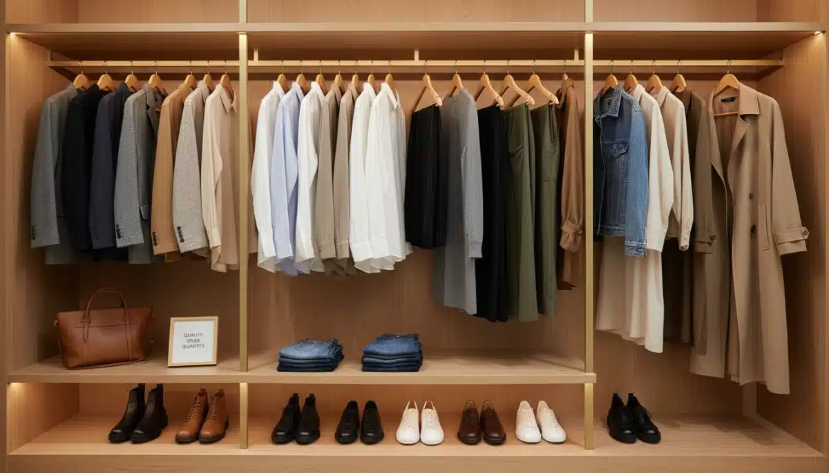 Organized capsule wardrobe featuring essential, high-quality fashion items.