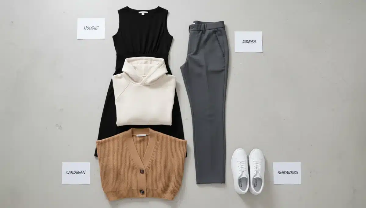 Flat lay of five essential 2026 athleisure pieces for versatile styling