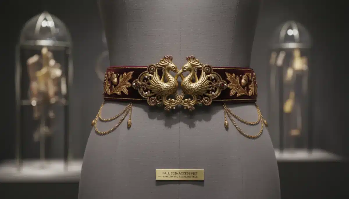 Close-up of luxurious intricately designed belt with distinctive buckle for Fall 2026