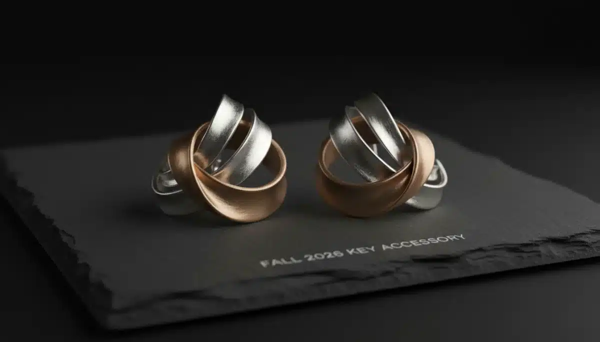 Avant-garde sculptural metallic earrings displayed on dark surface for Fall 2026