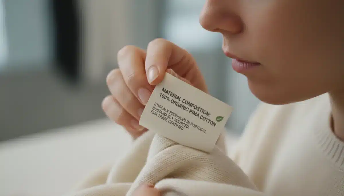 Hand inspecting garment label for quality and sustainability information.