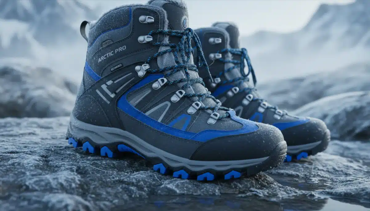 Close-up of high-tech insulated hiking boots on frosty terrain