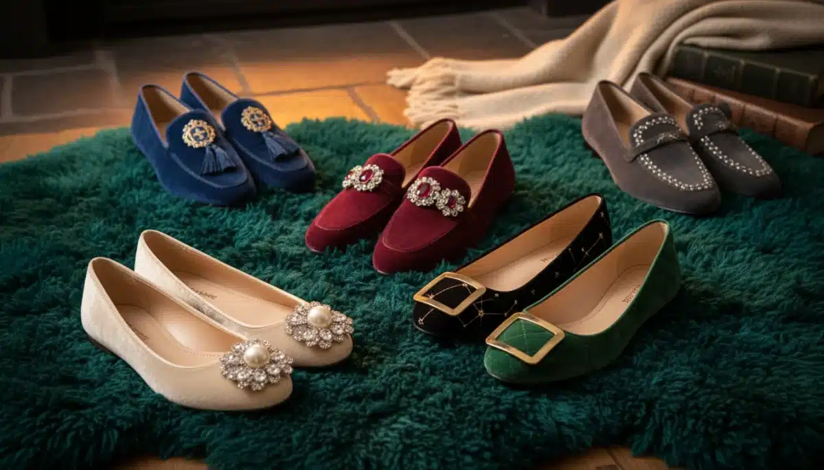 Luxury velvet loafers and embellished ballet flats on plush rug