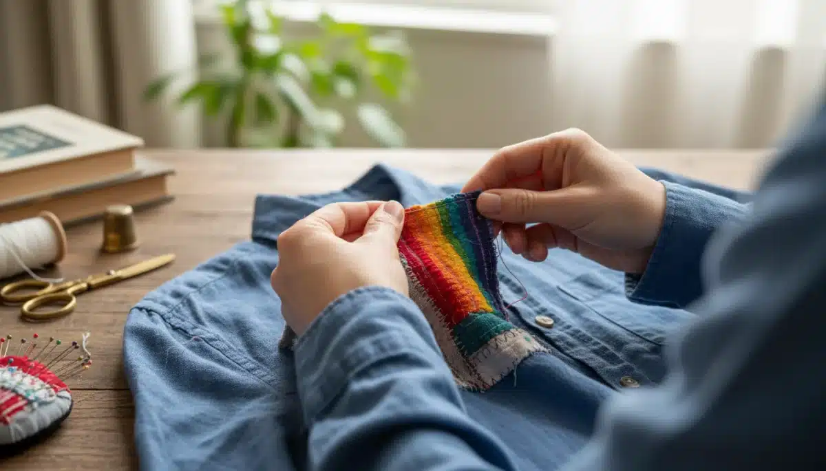 Hands meticulously mending a garment, symbolizing repair and longevity in sustainable fashion.