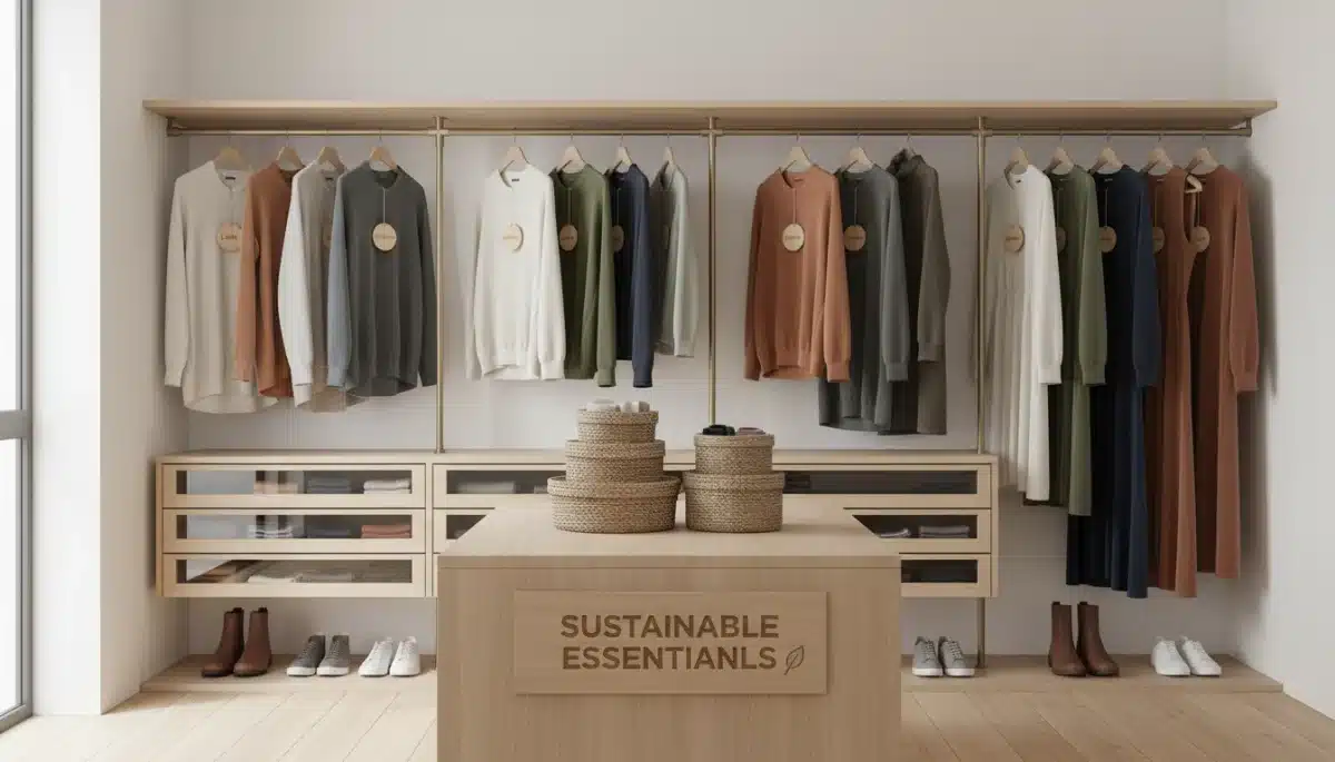 Organized, minimalist closet featuring curated, high-quality sustainable garments.