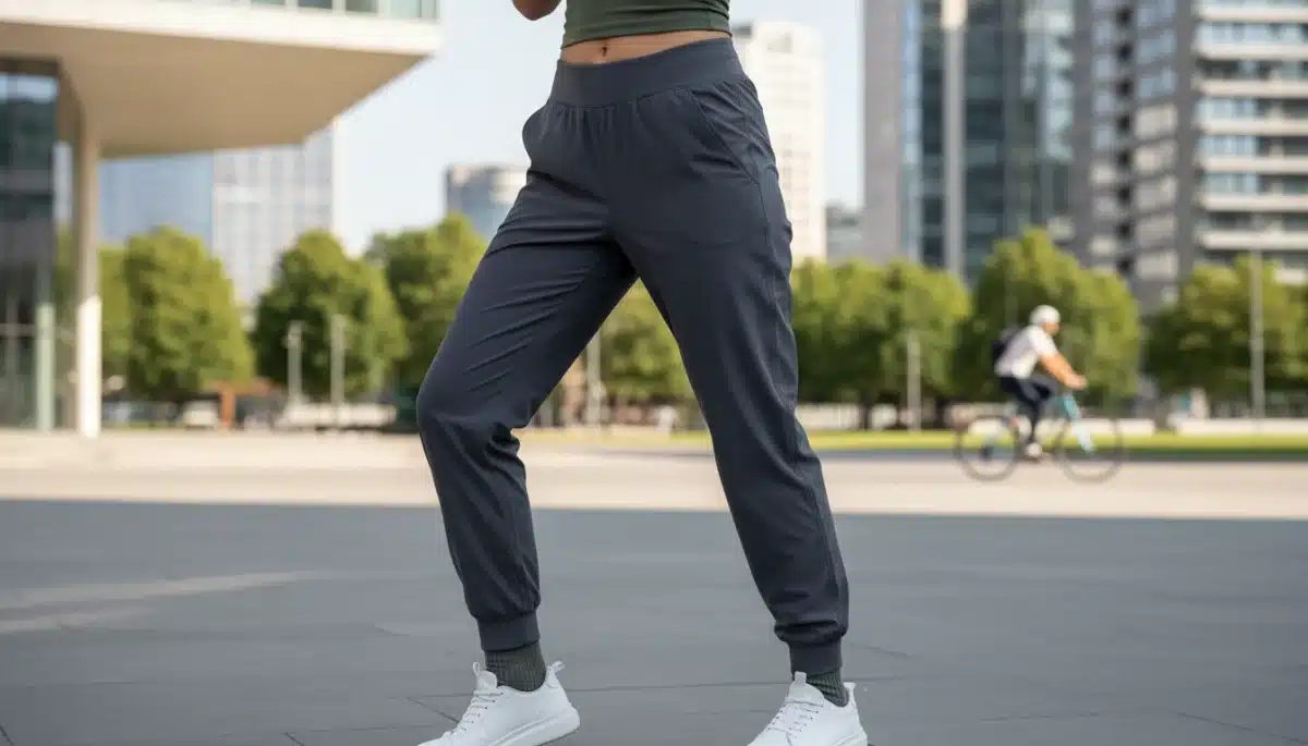 Detail of high-waisted technical jogger pants for versatile wear