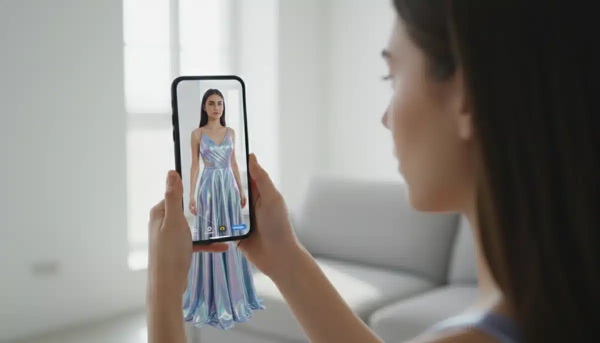 Person using augmented reality for virtual fashion try-on.