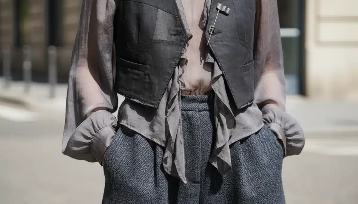 Close-up of layered deconstructed elegant everyday outfit