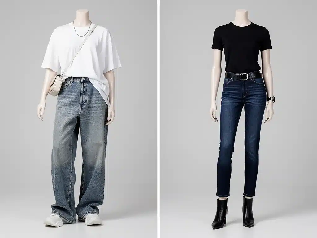 Comparison of relaxed wide-leg and tailored denim fits on mannequins.