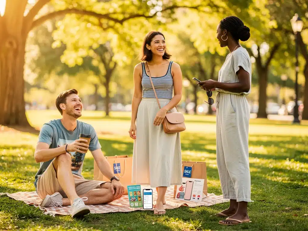 Group of friends in diverse, affordable summer outfits outdoors