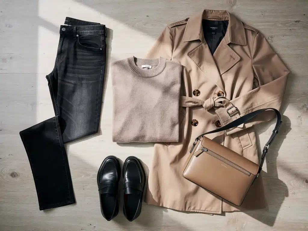 Flat lay of essential Fall 2026 fashion pieces: cashmere sweater, tailored jeans, trench coat, loafers, minimalist bag.