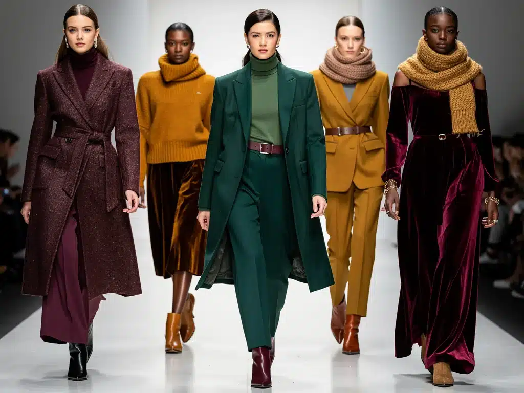 Models on runway displaying diverse Fall 2026 fashion trends, rich autumnal colors, textured fabrics, sophisticated silhouettes.