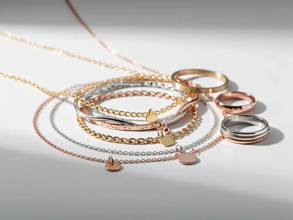 Assorted metallic jewelry for layered looks and personal expression