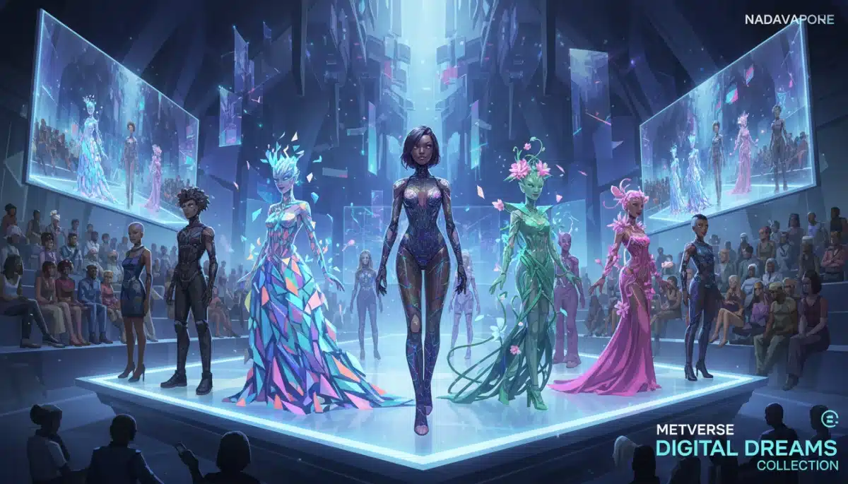 Avatars at a metaverse fashion show displaying digital outfits.