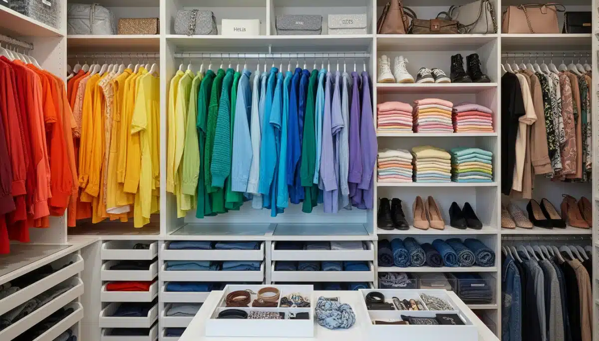 Organized wardrobe with curated clothing and accessories