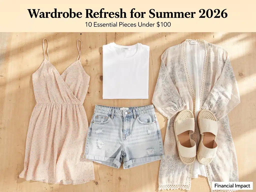 Flat lay of five essential summer wardrobe pieces under 0