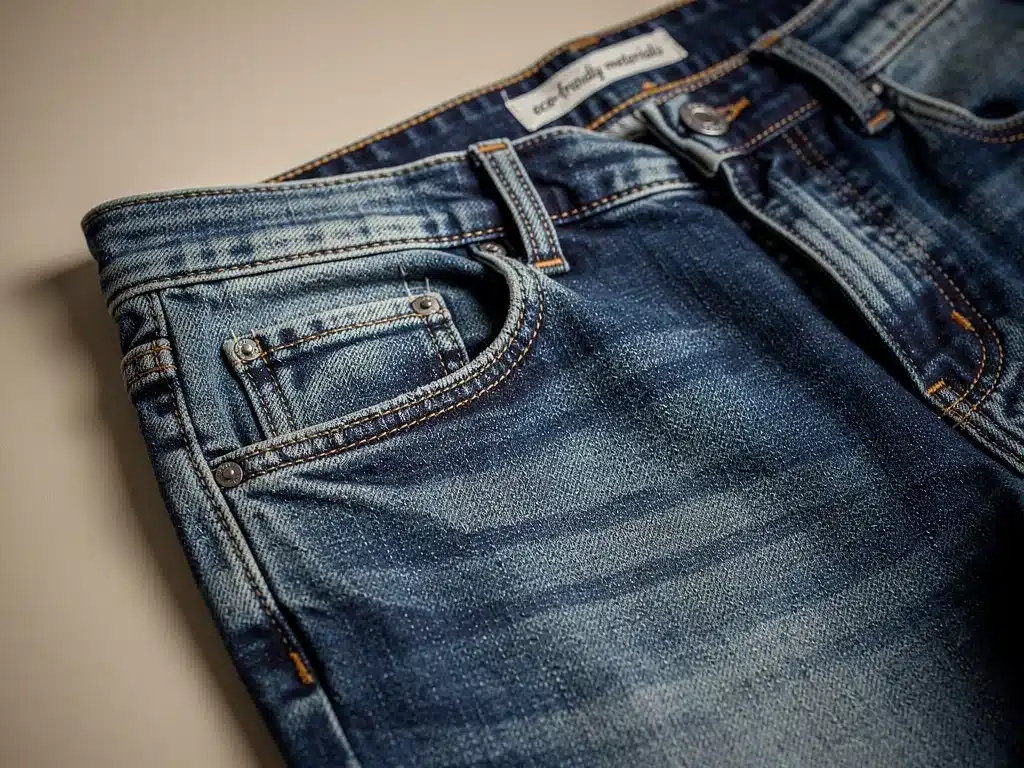 Sustainable denim jeans with intricate stitching and eco-friendly material tag.