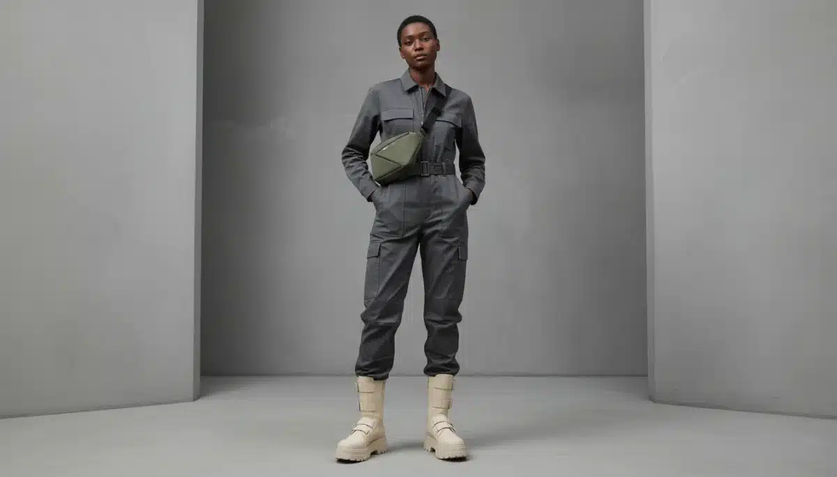 Person wearing neutral utility chic jumpsuit and boots