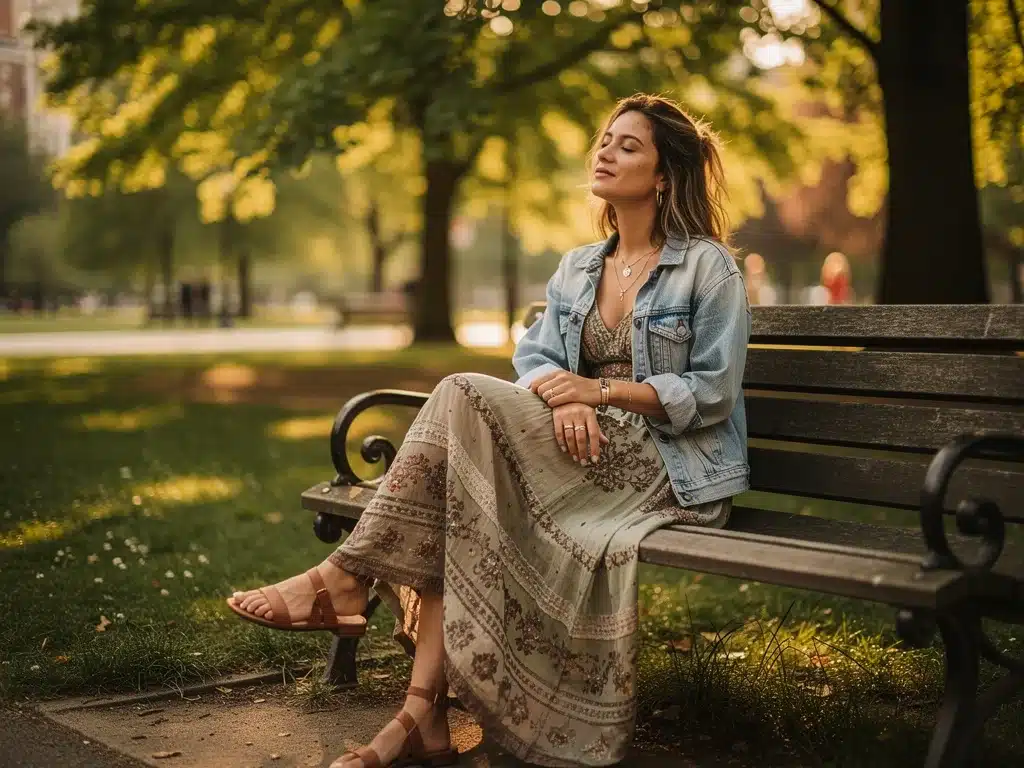 Bohemian-inspired outfit for relaxed weekend style in a natural setting.