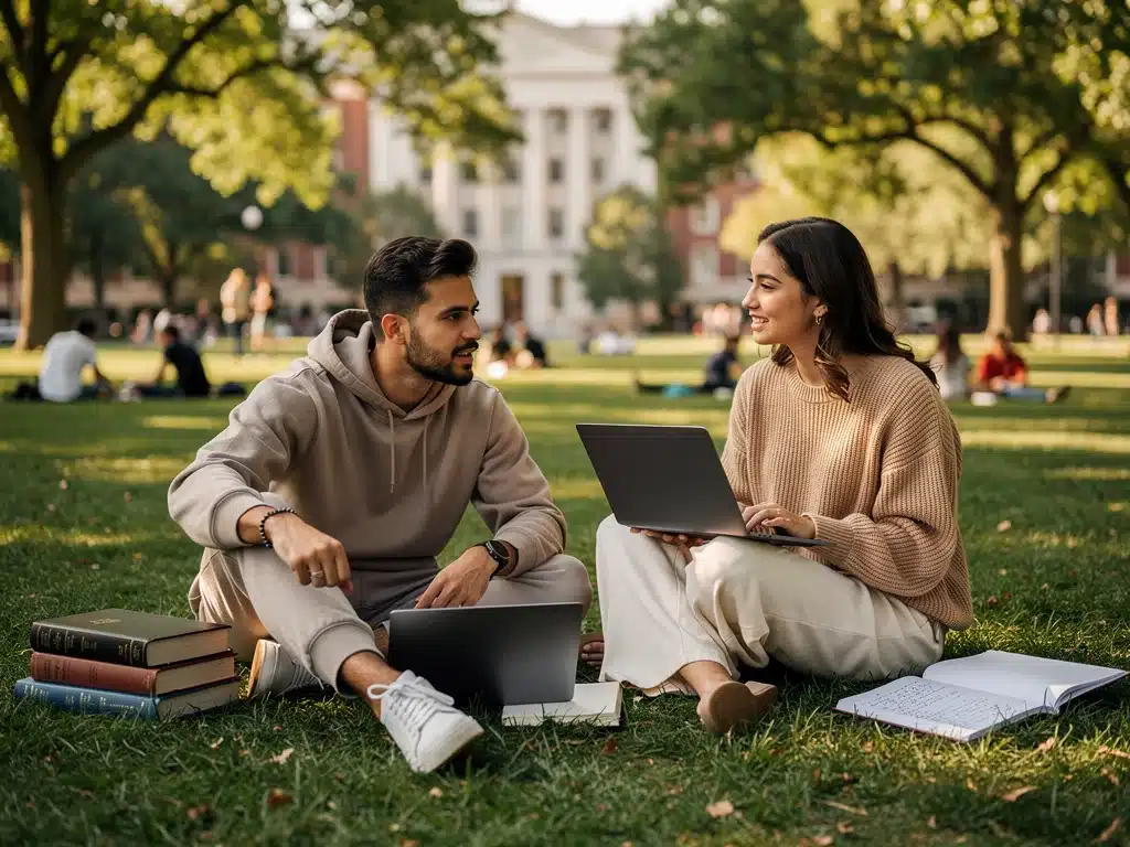 College students in elevated loungewear studying on a university lawn.