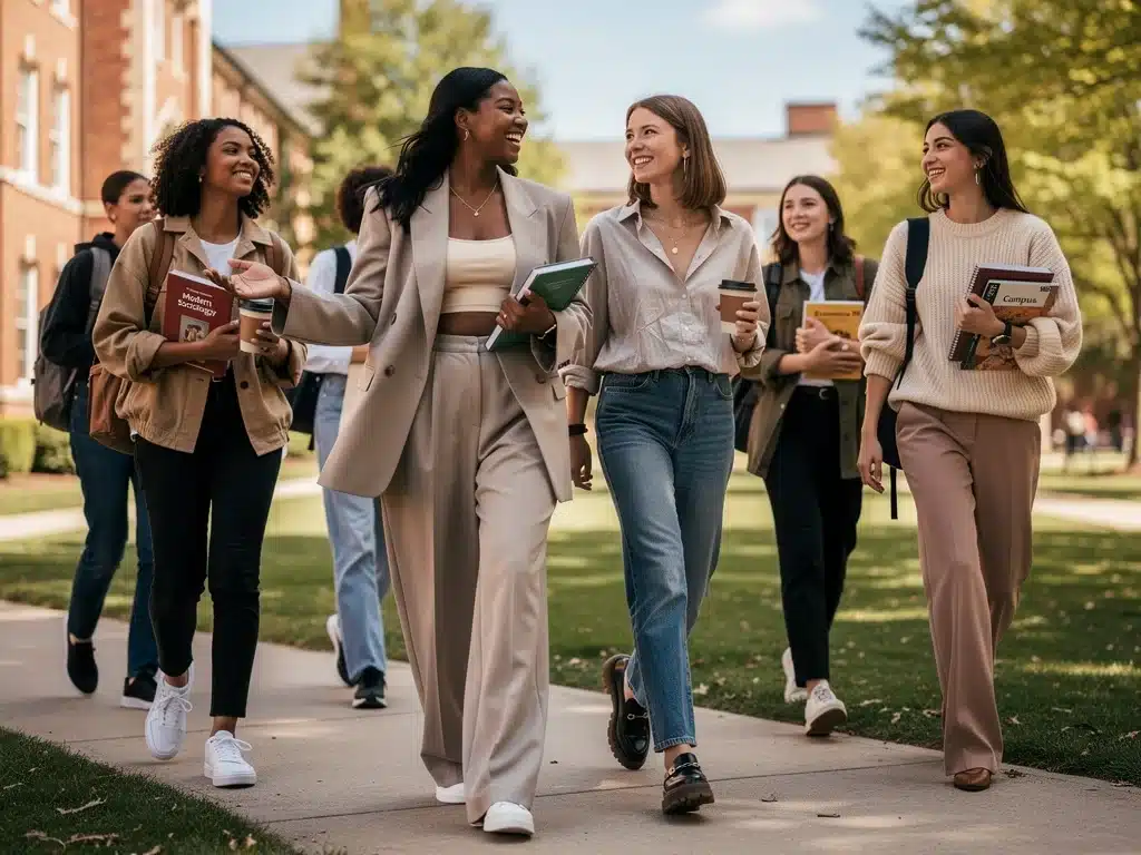 Students on campus showcasing oversized and tailored fashion trends.