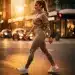 Woman in sleek athleisure outfit walking in urban setting