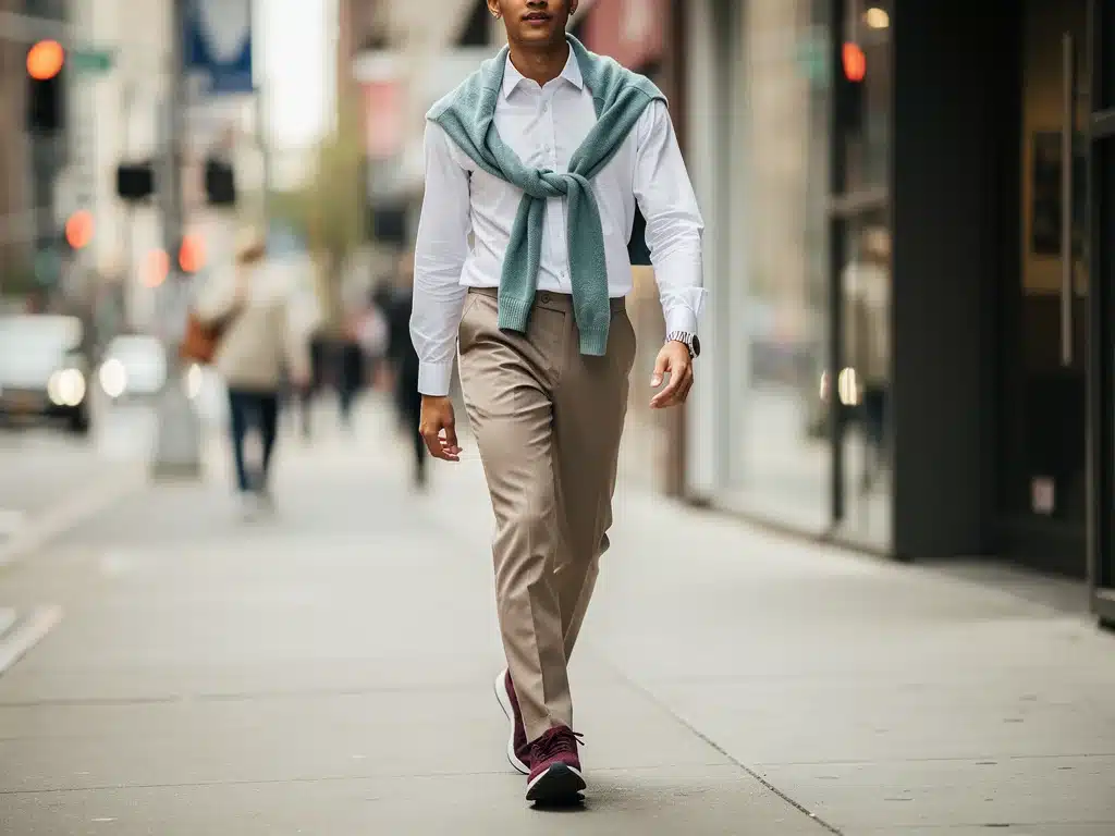 Urban individual showcasing a smart casual refinement outfit for weekend style.