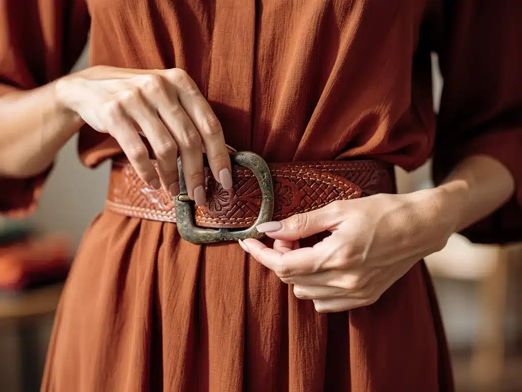 Hands adjusting an ornate statement belt over a fall-colored dress, showcasing unique accessory detail.