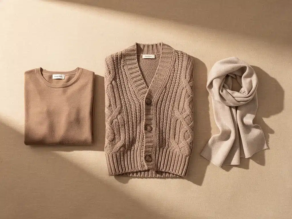 Flat lay of sustainable knitwear: chunky cardigan, merino wool sweater, cashmere scarf, earthy tones.