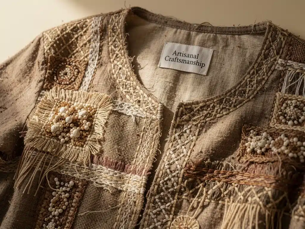 Close-up of artisanal craftsmanship in Spring 2026 fashion, with detailed stitching and natural textures