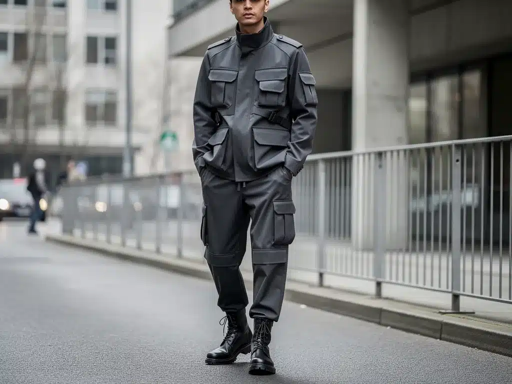 Individual in minimalist utilitarian outfit, showcasing Spring 2026 modern utility trend in urban setting