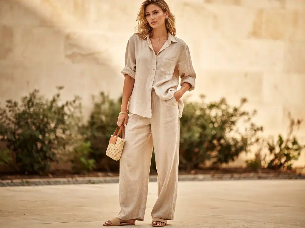 Model in oversized beige linen set, wide-leg trousers, button-down shirt, woven bag, slide sandals.