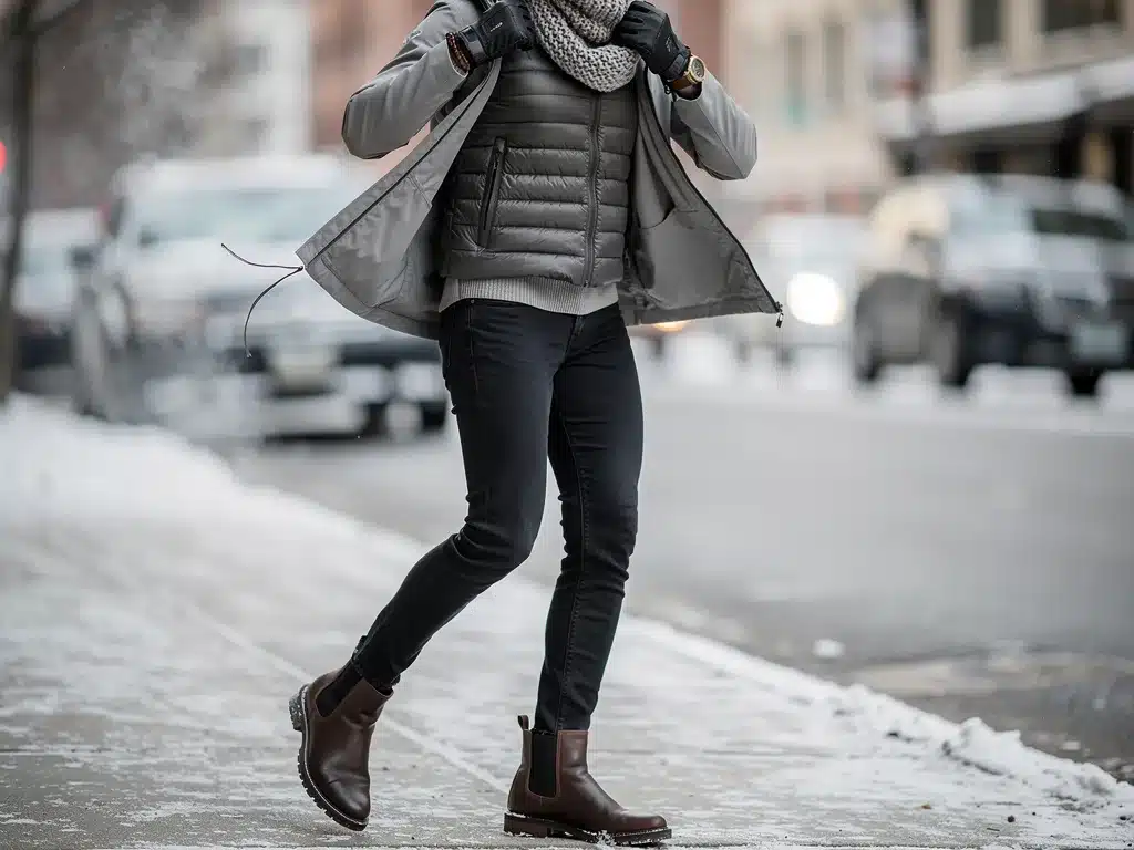 Person demonstrating practical chic winter layering outdoors