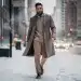 Woman in stylish layered winter outfit walking in snow