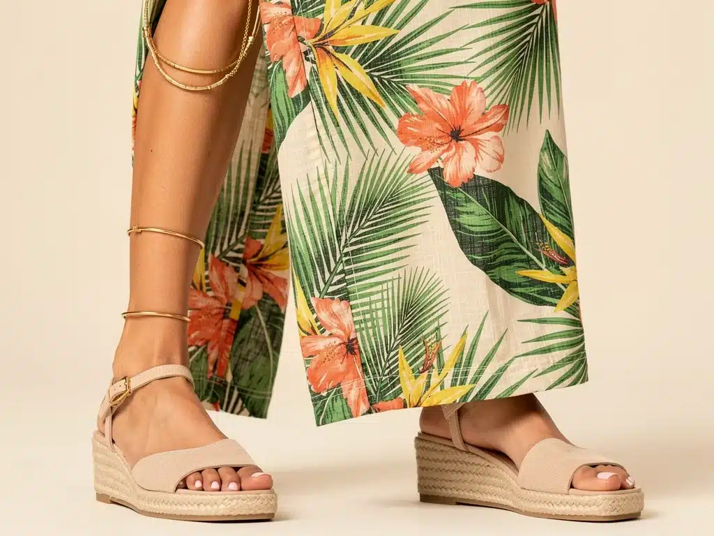 Close-up of tropical print cotton jumpsuit, gold jewelry, espadrille wedges for summer.