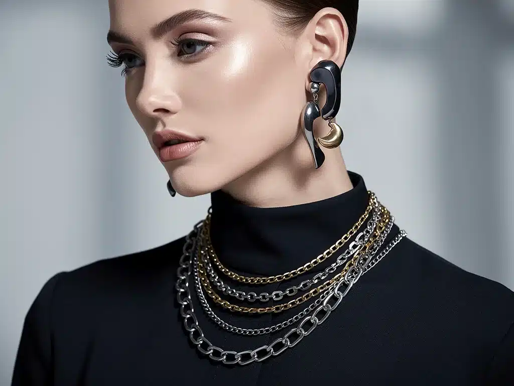 Layered delicate chain necklaces and sculptural earrings, highlighting winter 2026 jewelry trends.