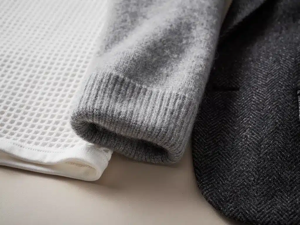 Close-up of various fabric textures for winter layering