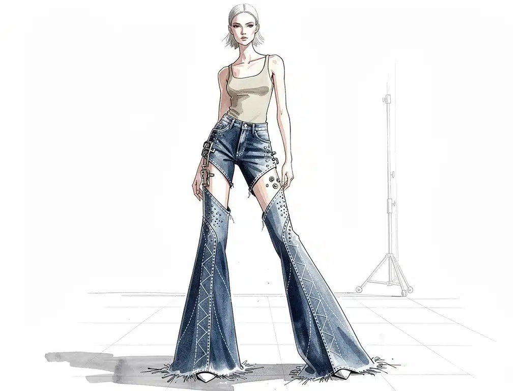 Fashion illustration of avant-garde Spring 2026 denim jeans with exaggerated proportions.