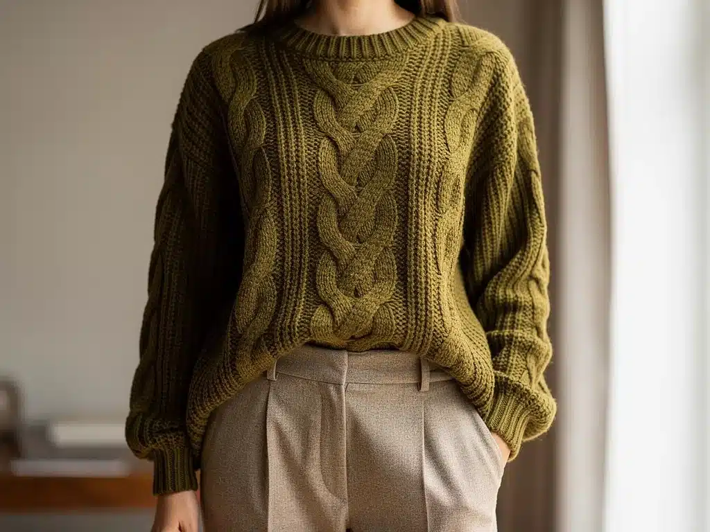 Model in chunky cable knit sweater, Fall 2026 texture trend