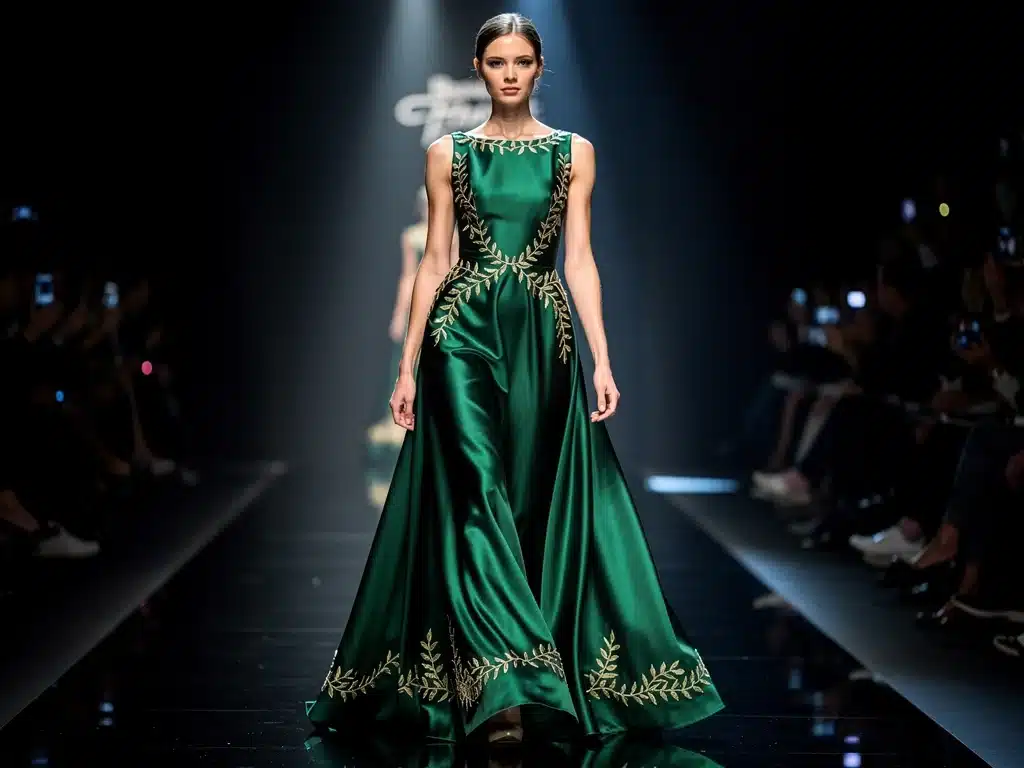 Model in emerald green gown, showcasing Enchanted Forest palette