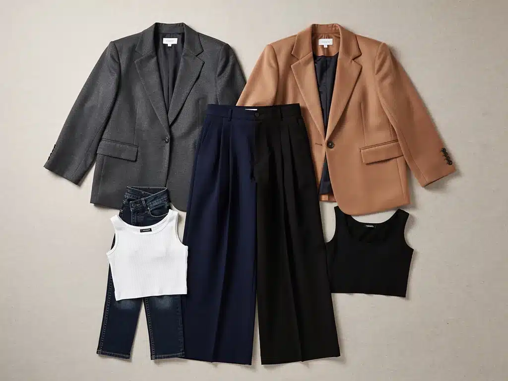 Flat lay of oversized and fitted garments for 70/30 silhouette