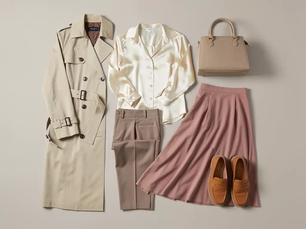 Flat lay of essential pre-spring 2026 capsule wardrobe pieces