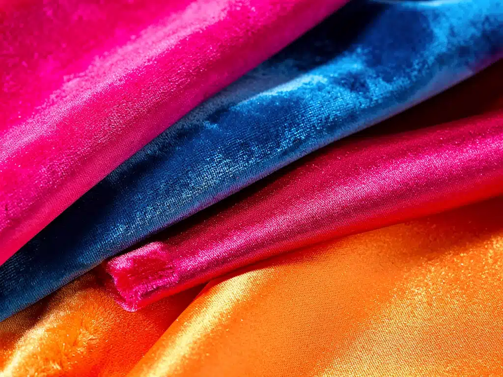 Fabric swatches of Winter Solstice Brights palette: fuchsia, electric blue, tangerine