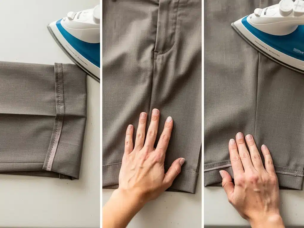 Ironing a trouser hem for a professional, crisp finish after alteration.